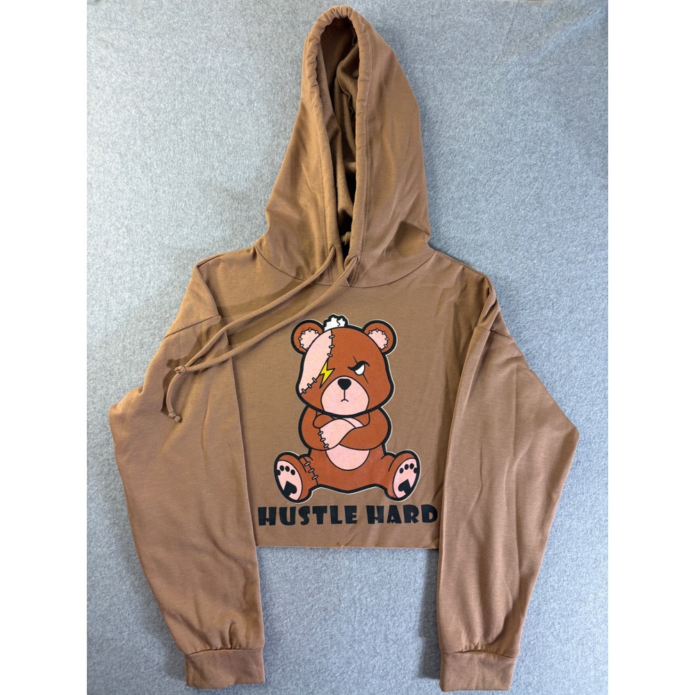 Yellow Cabbage Hustle Hard Bear Cropped Hoodie Brown Medium YT4603 Streetwear
